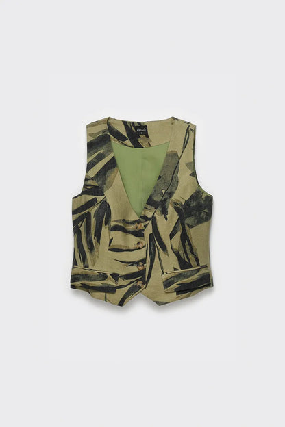Chaleco Mujer Sastre Con Lino Estampado Verde