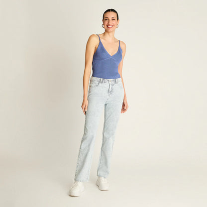 Jeans Mujer Azul Recto Con Rayas Azul