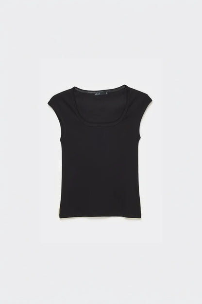 Polera Mujer Escotada Algodon Ribb Basica Negro