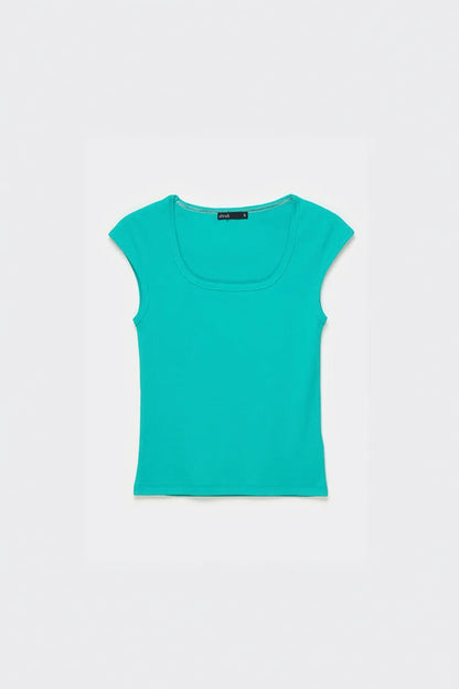 Polera Mujer Escotada Algodon Ribb Basica Turquesa