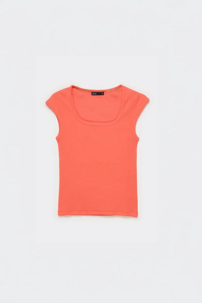Polera Mujer Escotada Algodon Ribb Basica Coral