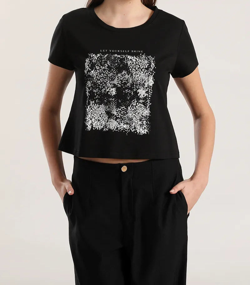 Polera Mujer Algodon Spandex Estampado Animal Negro