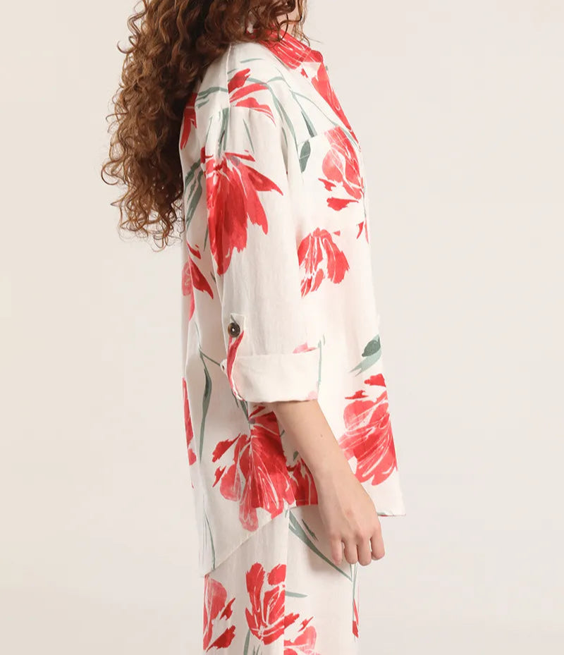 Sobrecamisa Mujer Con Lino Estampado Crudo Rojo