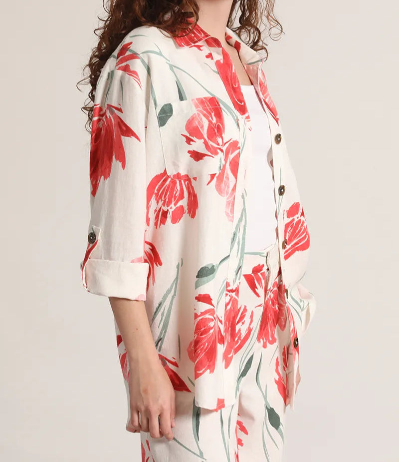Sobrecamisa Mujer Con Lino Estampado Crudo Rojo