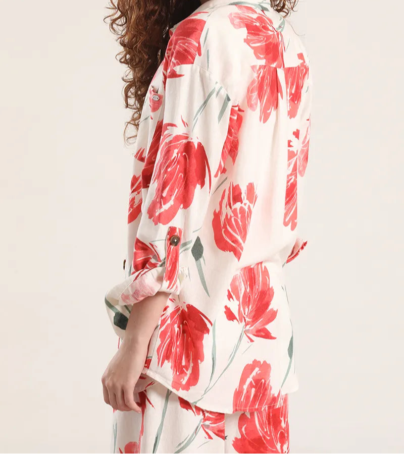 Sobrecamisa Mujer Con Lino Estampado Crudo Rojo