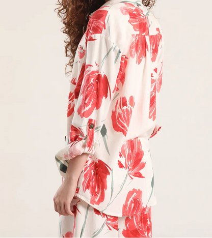 Sobrecamisa Mujer Con Lino Estampado Crudo Rojo