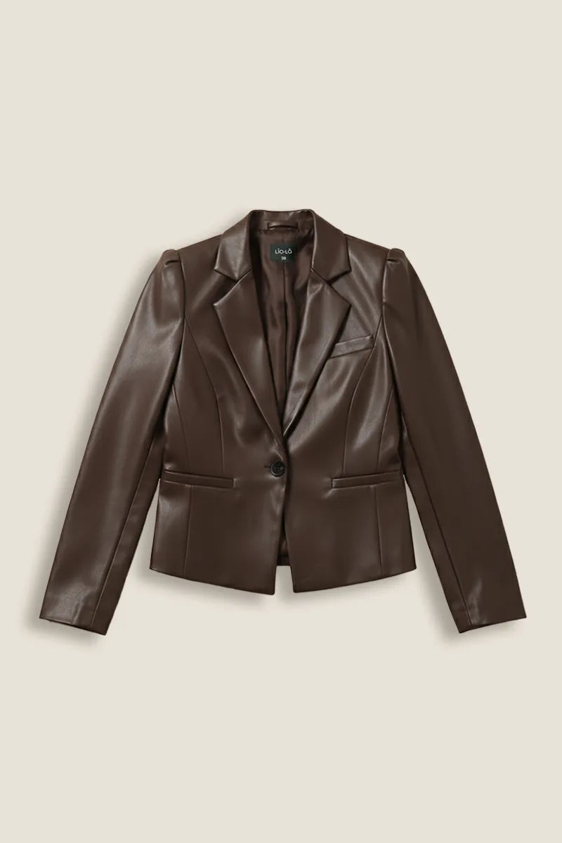 Blazer Mujer Entallado Efecto Cuero Chocolate
