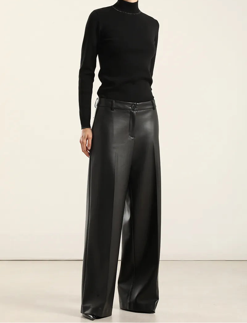 Pantalon Mujer Ancho Tiro Alto Efecto Cuero Negro