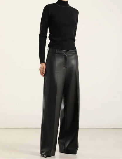 Pantalon Mujer Ancho Tiro Alto Efecto Cuero Negro