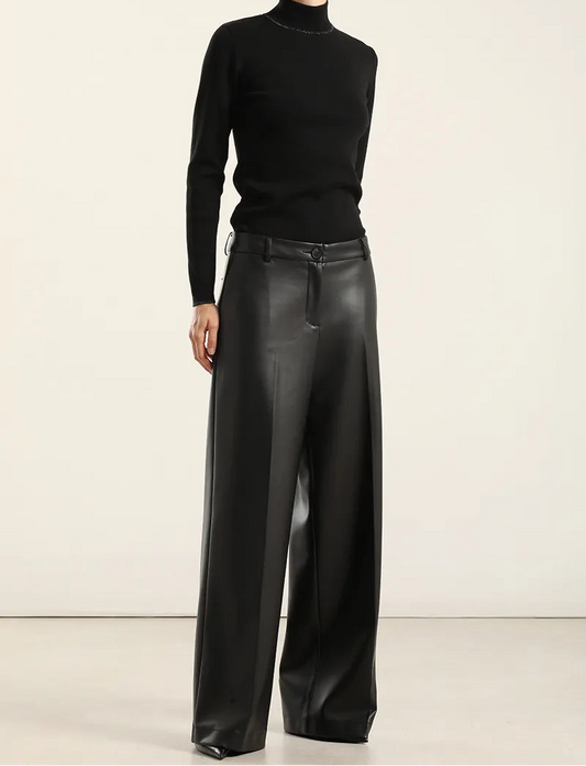 Pantalon Mujer Ancho Tiro Alto Efecto Cuero Negro
