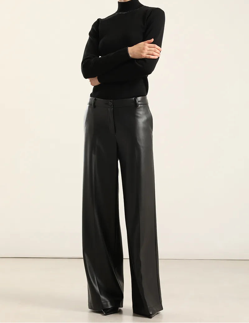 Pantalon Mujer Ancho Tiro Alto Efecto Cuero Negro