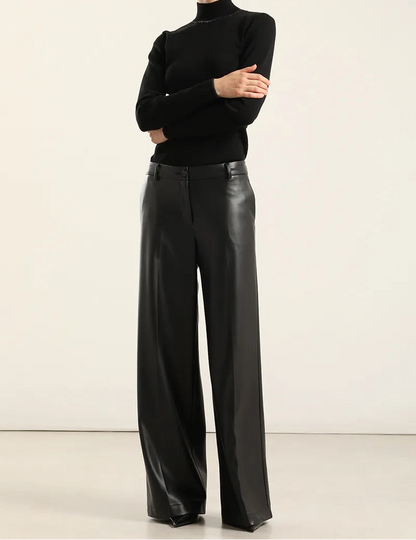 Pantalon Mujer Ancho Tiro Alto Efecto Cuero Negro