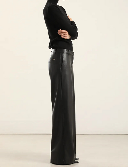 Pantalon Mujer Ancho Tiro Alto Efecto Cuero Negro