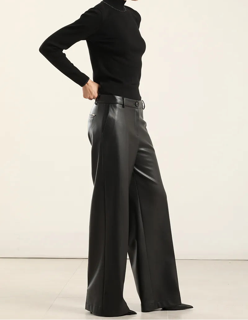 Pantalon Mujer Ancho Tiro Alto Efecto Cuero Negro