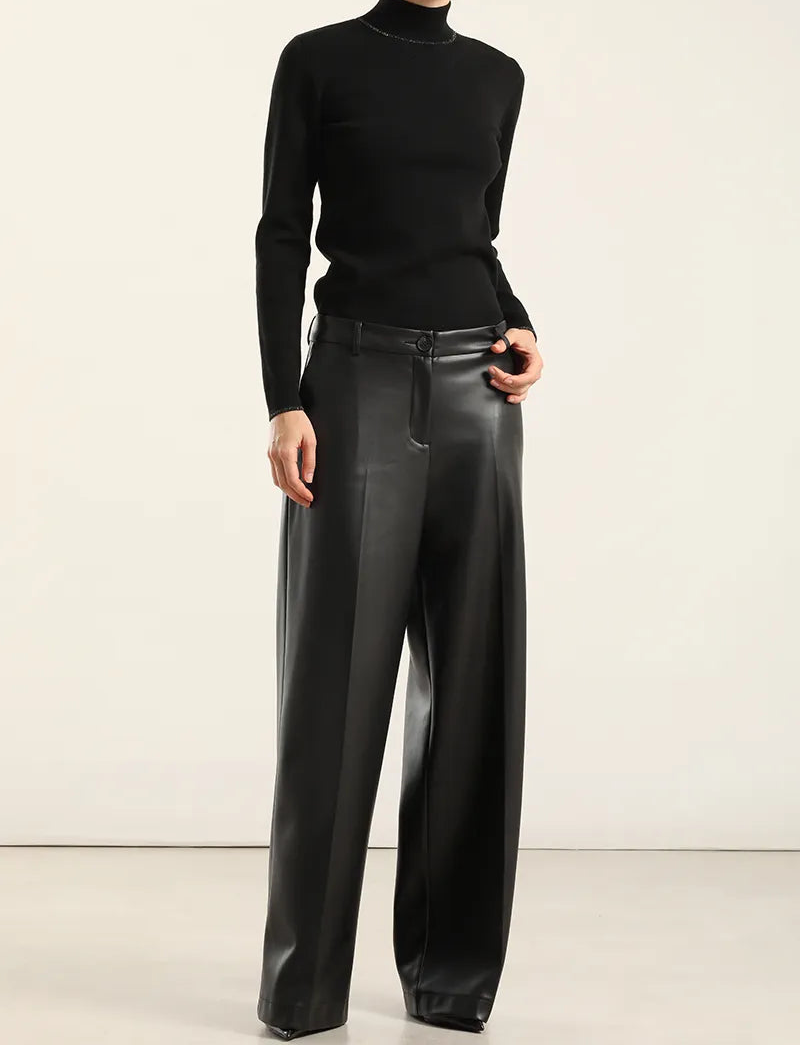 Pantalon Mujer Ancho Tiro Alto Efecto Cuero Negro