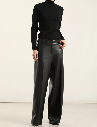 Pantalon Mujer Ancho Tiro Alto Efecto Cuero Negro