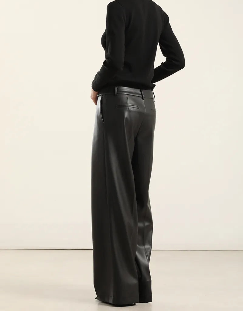 Pantalon Mujer Ancho Tiro Alto Efecto Cuero Negro