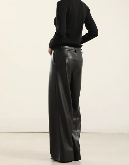 Pantalon Mujer Ancho Tiro Alto Efecto Cuero Negro