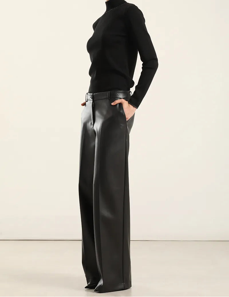 Pantalon Mujer Ancho Tiro Alto Efecto Cuero Negro