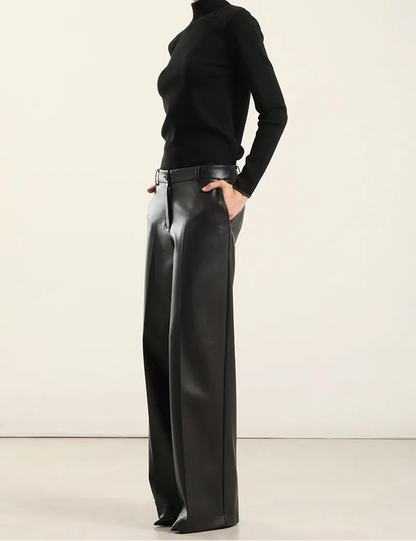 Pantalon Mujer Ancho Tiro Alto Efecto Cuero Negro