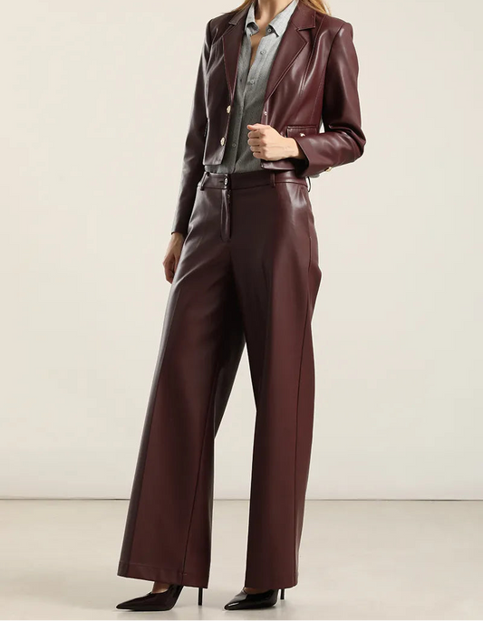 Pantalon Mujer Ancho Tiro Alto Efecto Cuero Burdeo