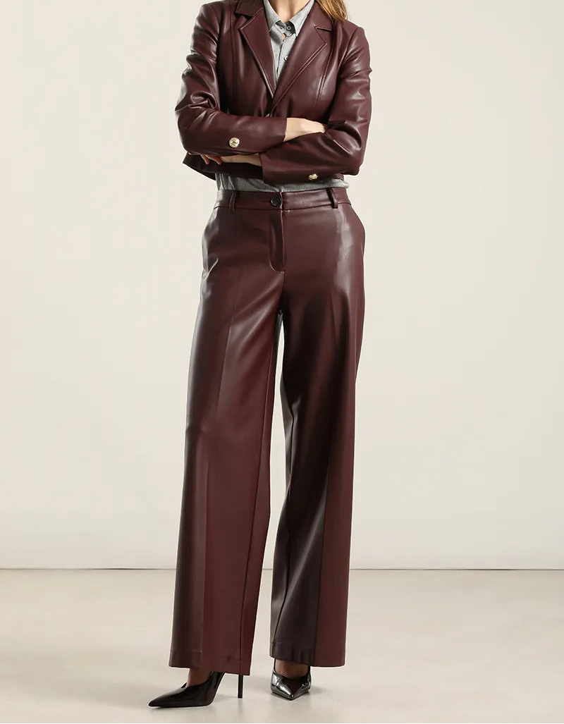Pantalon Mujer Ancho Tiro Alto Efecto Cuero Burdeo