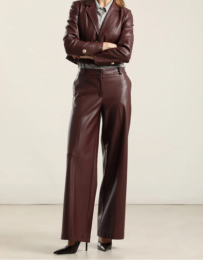 Pantalon Mujer Ancho Tiro Alto Efecto Cuero Burdeo
