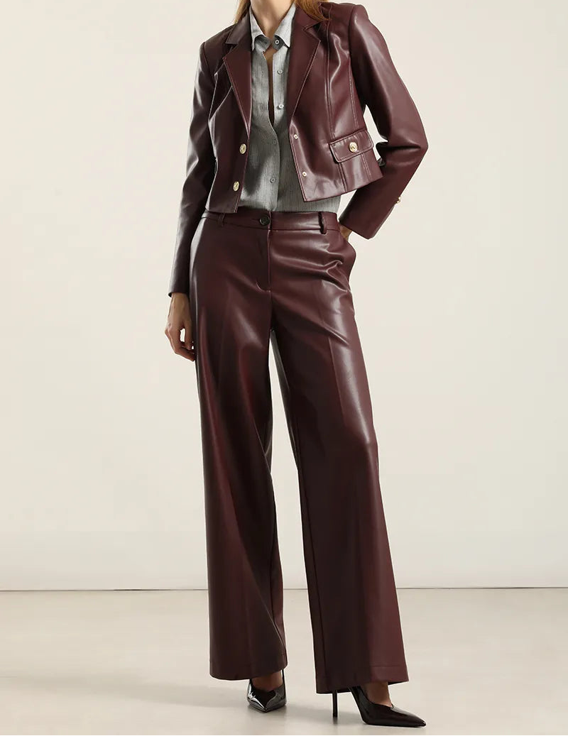Pantalon Mujer Ancho Tiro Alto Efecto Cuero Burdeo