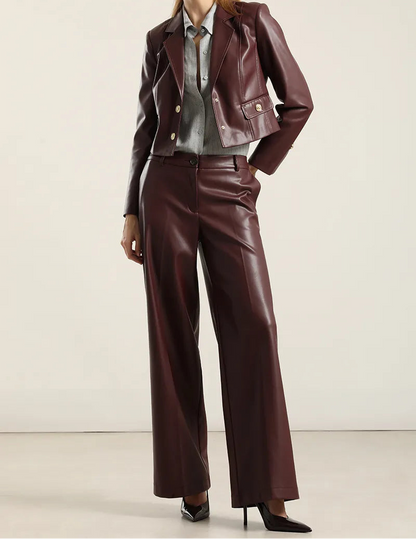 Pantalon Mujer Ancho Tiro Alto Efecto Cuero Burdeo