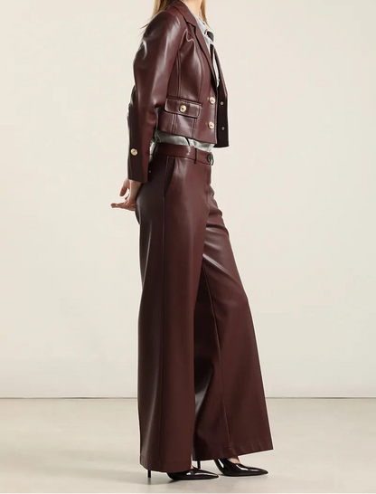 Pantalon Mujer Ancho Tiro Alto Efecto Cuero Burdeo