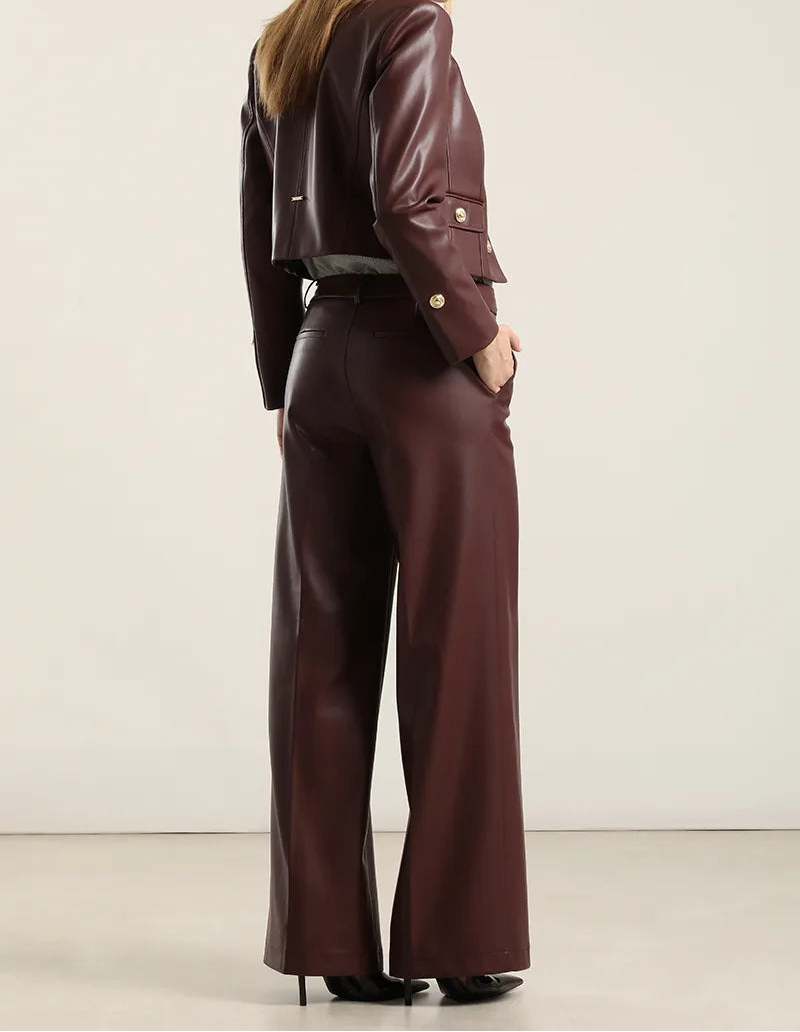 Pantalon Mujer Ancho Tiro Alto Efecto Cuero Burdeo