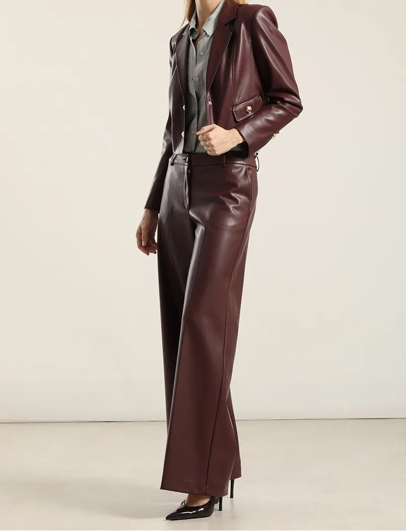 Pantalon Mujer Ancho Tiro Alto Efecto Cuero Burdeo