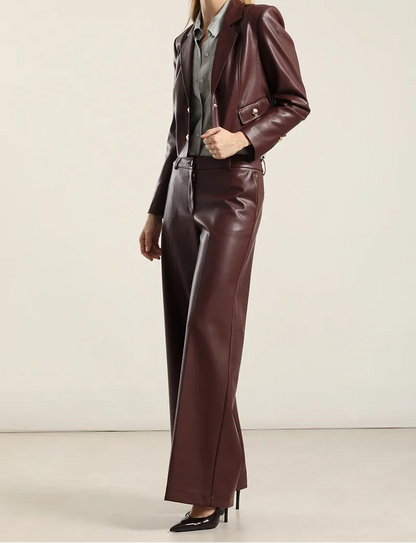 Pantalon Mujer Ancho Tiro Alto Efecto Cuero Burdeo