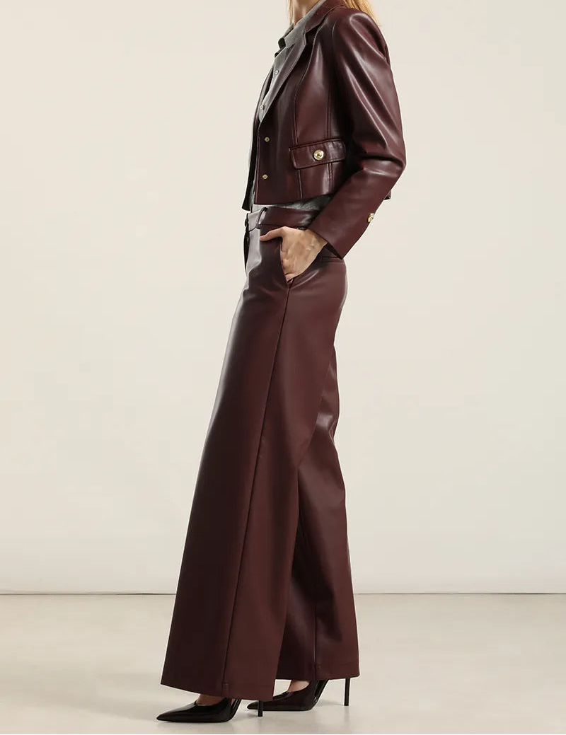 Pantalon Mujer Ancho Tiro Alto Efecto Cuero Burdeo