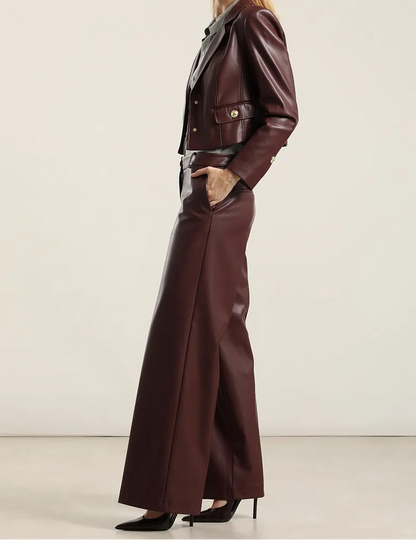 Pantalon Mujer Ancho Tiro Alto Efecto Cuero Burdeo