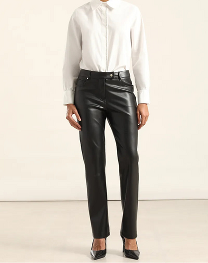 Pantalon Mujer Slim Tiro Medio Efecto Cuero Negro
