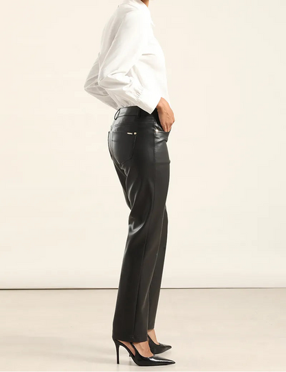 Pantalon Mujer Slim Tiro Medio Efecto Cuero Negro