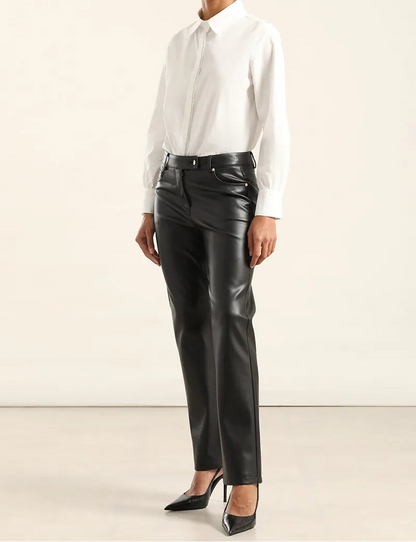 Pantalon Mujer Slim Tiro Medio Efecto Cuero Negro