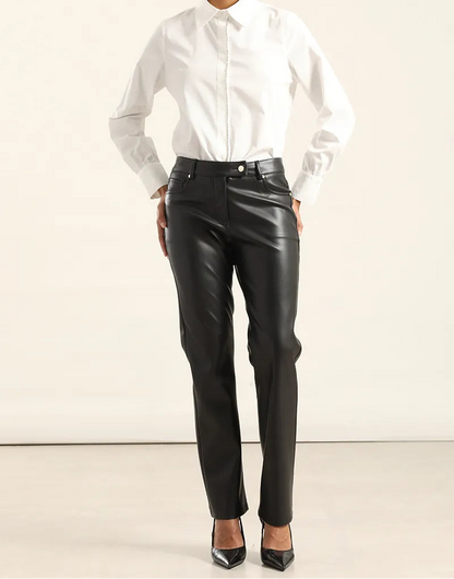 Pantalon Mujer Slim Tiro Medio Efecto Cuero Negro