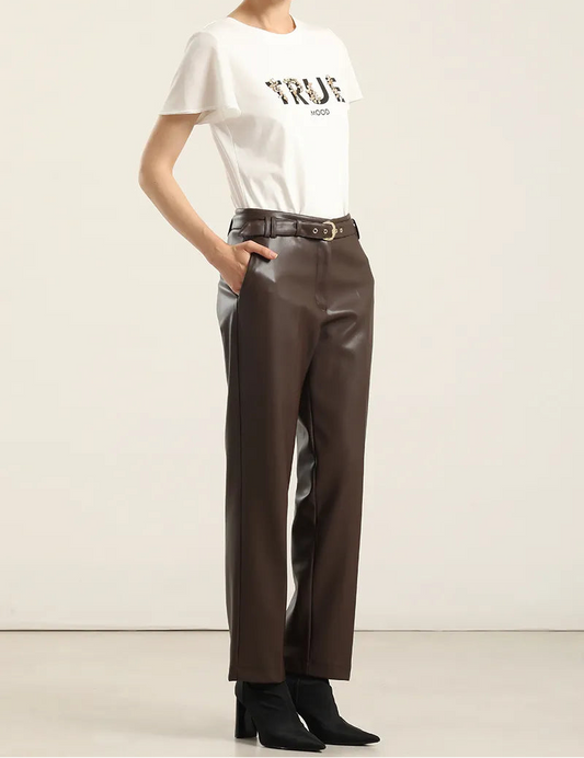 Pantalón Mujer Sastre Tiro Alto Cinturón Chocolate