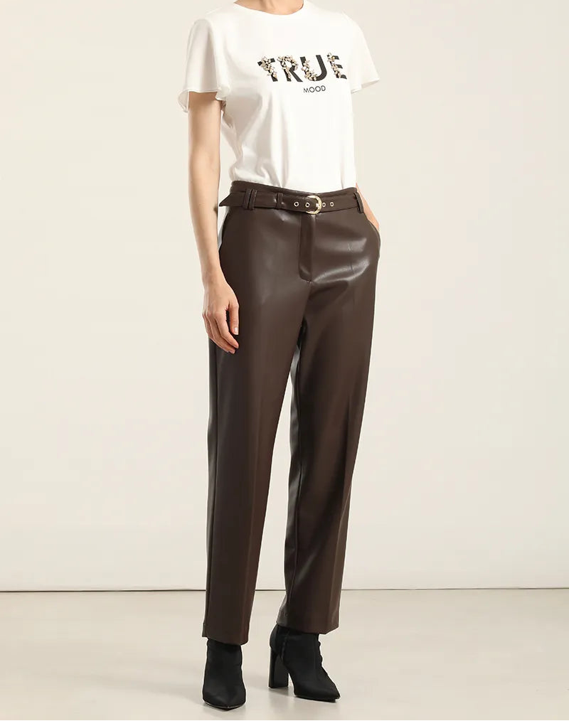Pantalón Mujer Sastre Tiro Alto Cinturón Chocolate