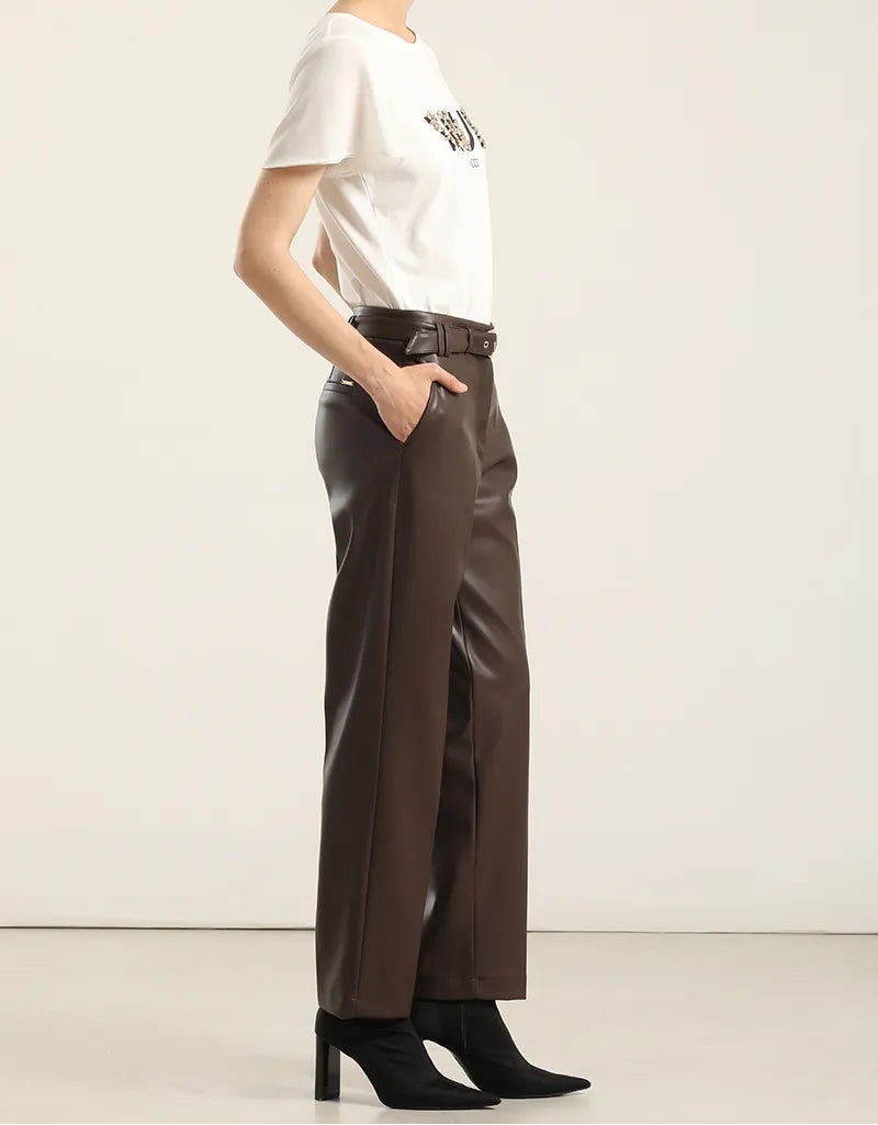 Pantalón Mujer Sastre Tiro Alto Cinturón Chocolate