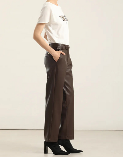 Pantalón Mujer Sastre Tiro Alto Cinturón Chocolate