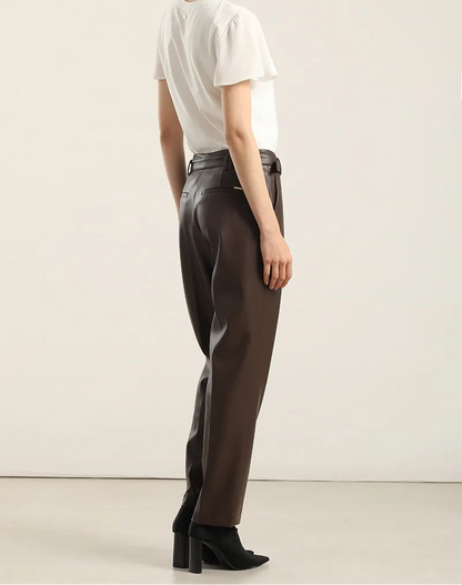 Pantalón Mujer Sastre Tiro Alto Cinturón Chocolate
