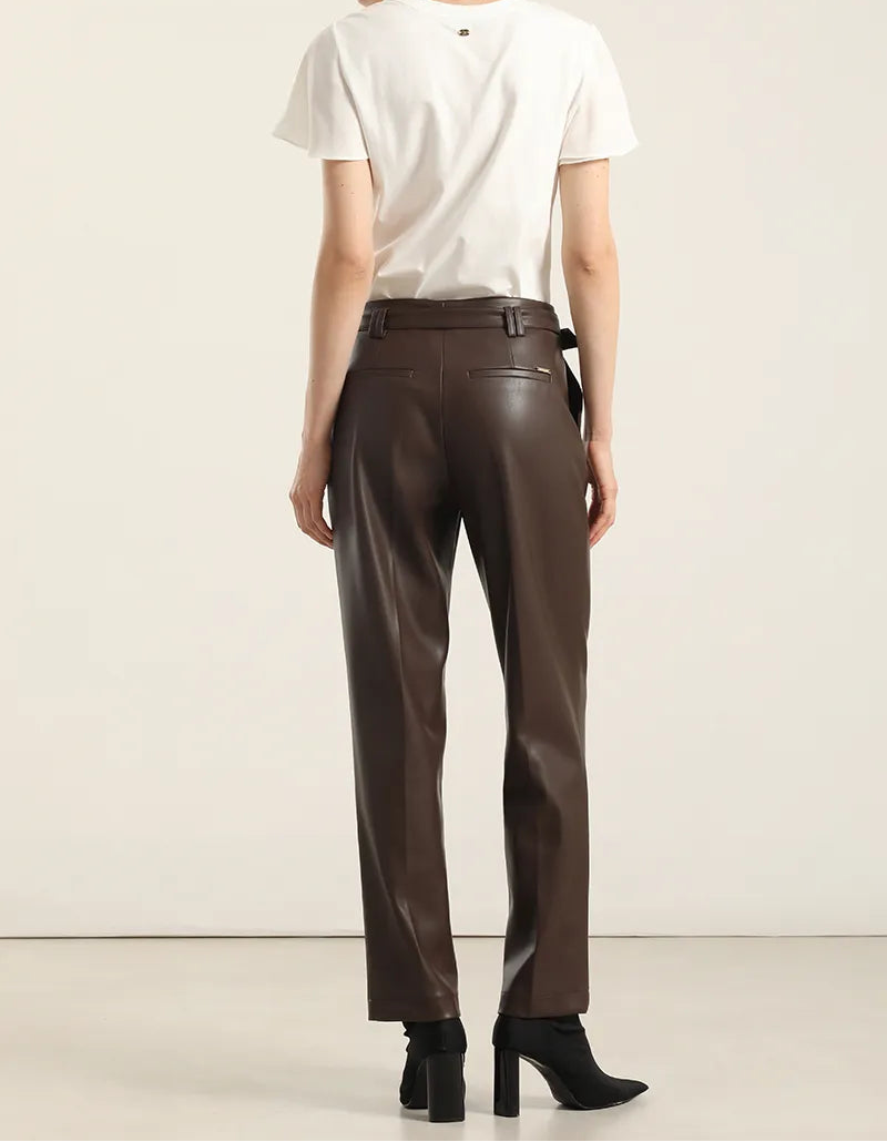 Pantalón Mujer Sastre Tiro Alto Cinturón Chocolate