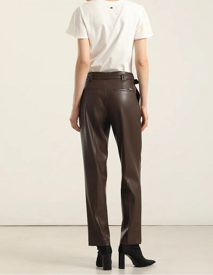 Pantalón Mujer Sastre Tiro Alto Cinturón Chocolate