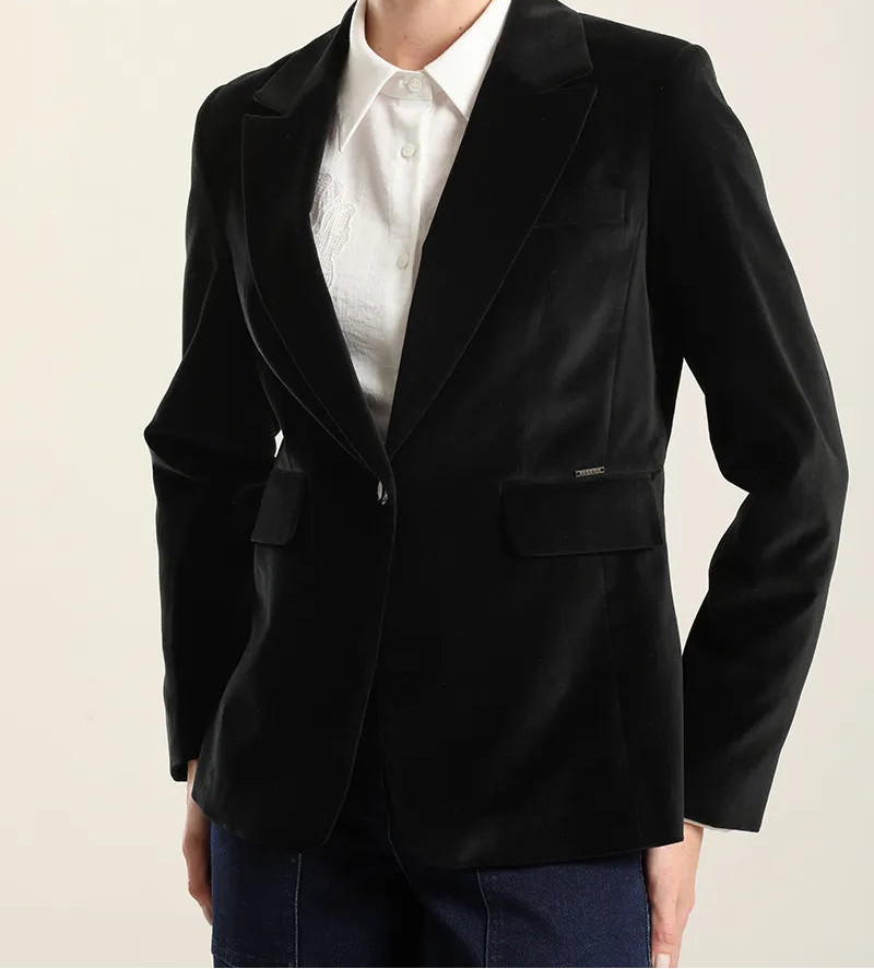 Blazer Mujer Basico Entallado Terciopelo Negro