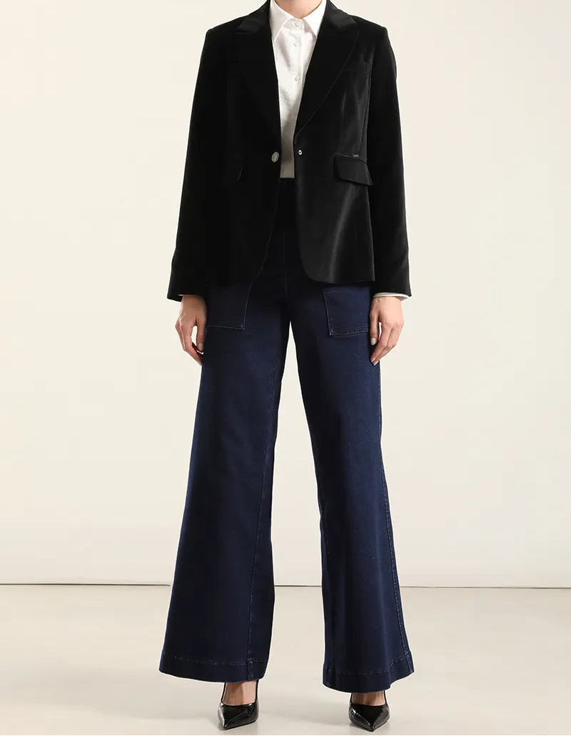 Blazer Mujer Basico Entallado Terciopelo Negro
