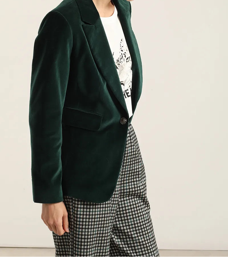 Blazer Mujer Basico Entallado Terciopelo Verde
