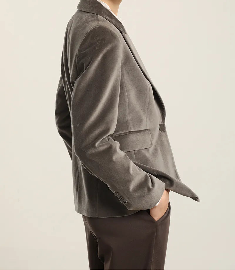 Blazer Mujer Basico Entallado Terciopelo Gris